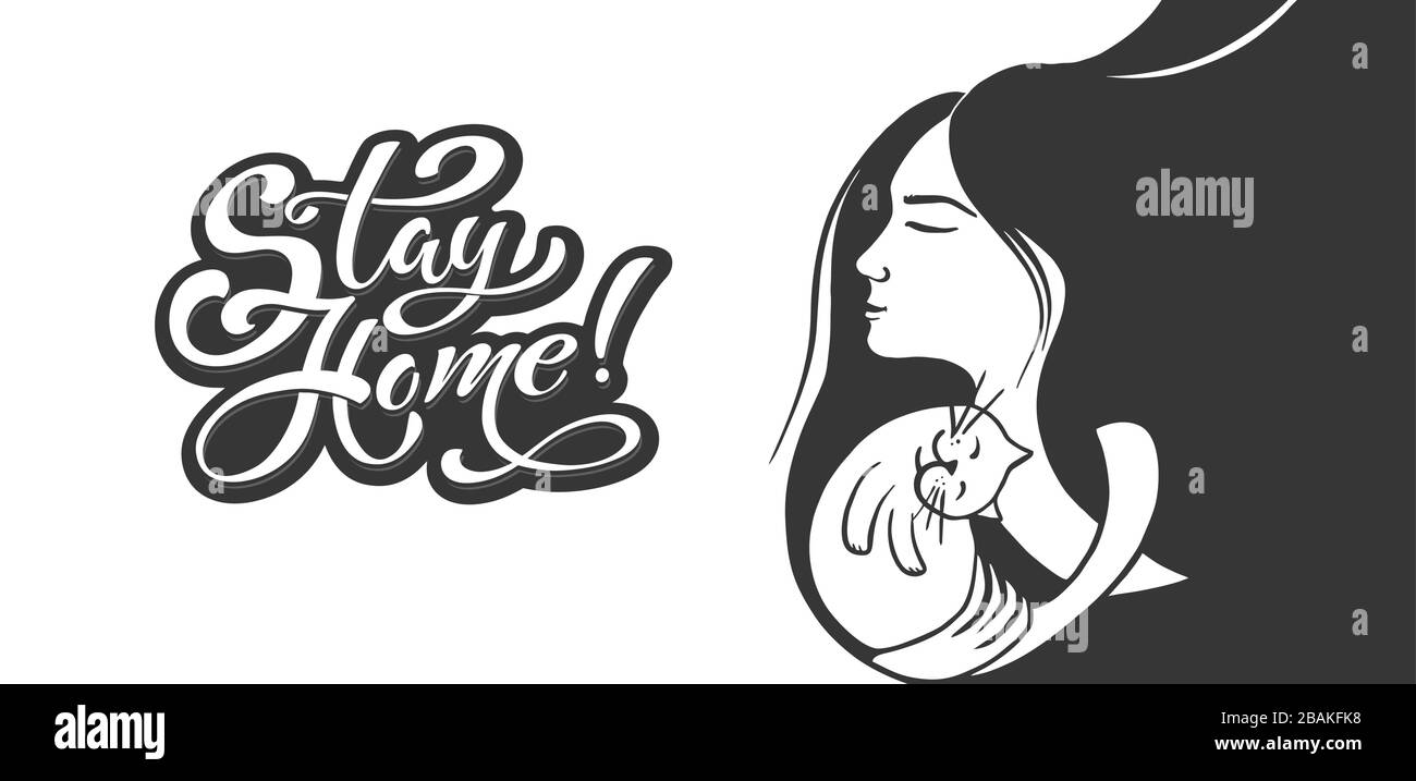 Rimani a casa lettere e disegno di una ragazza con un gatto. Lettere disegnate a mano. Slogan motivazionale vettoriale. Illustrazione Vettoriale