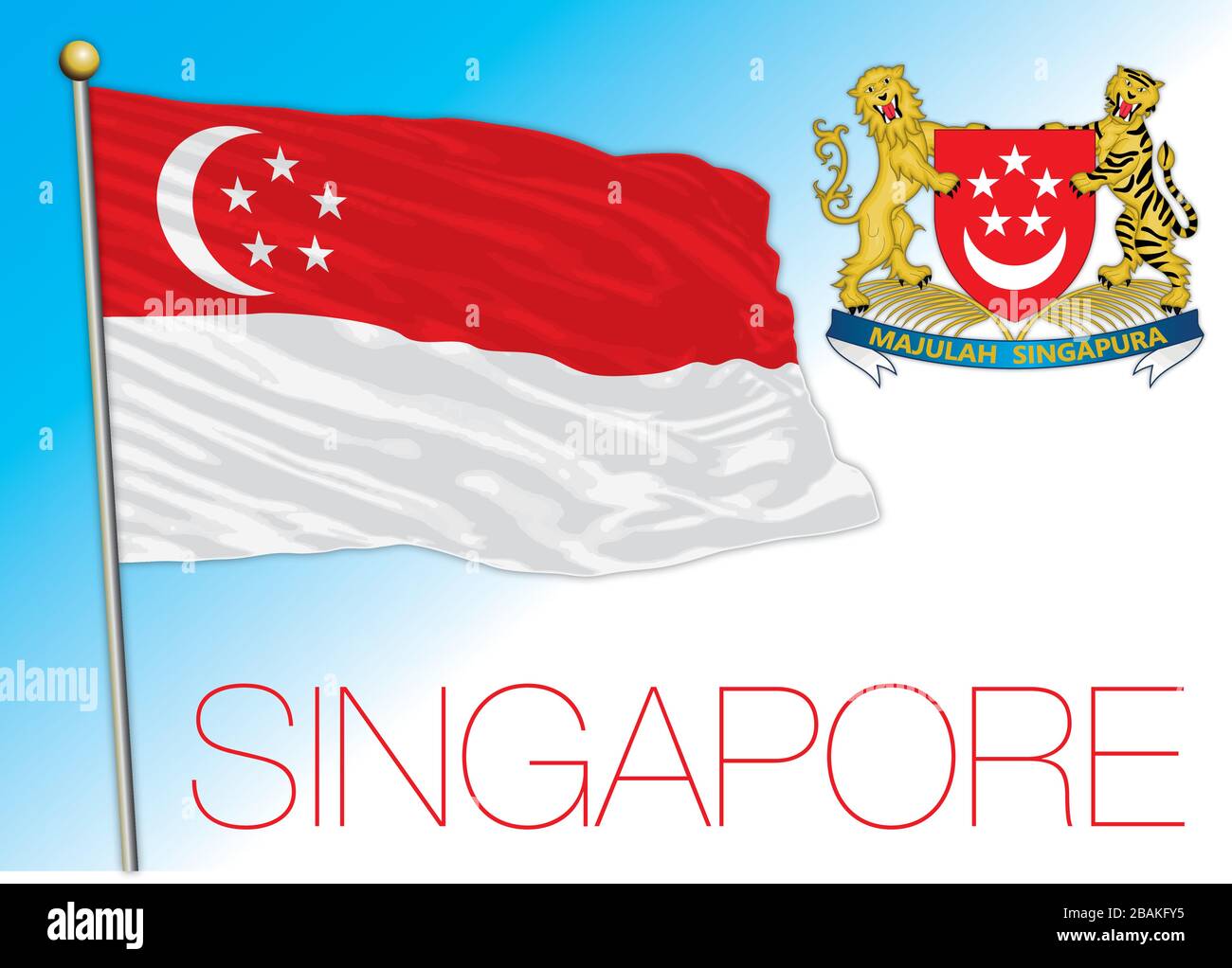 Bandiera nazionale ufficiale di Singapore e stemma, paese asiatico, illustrazione vettoriale Illustrazione Vettoriale