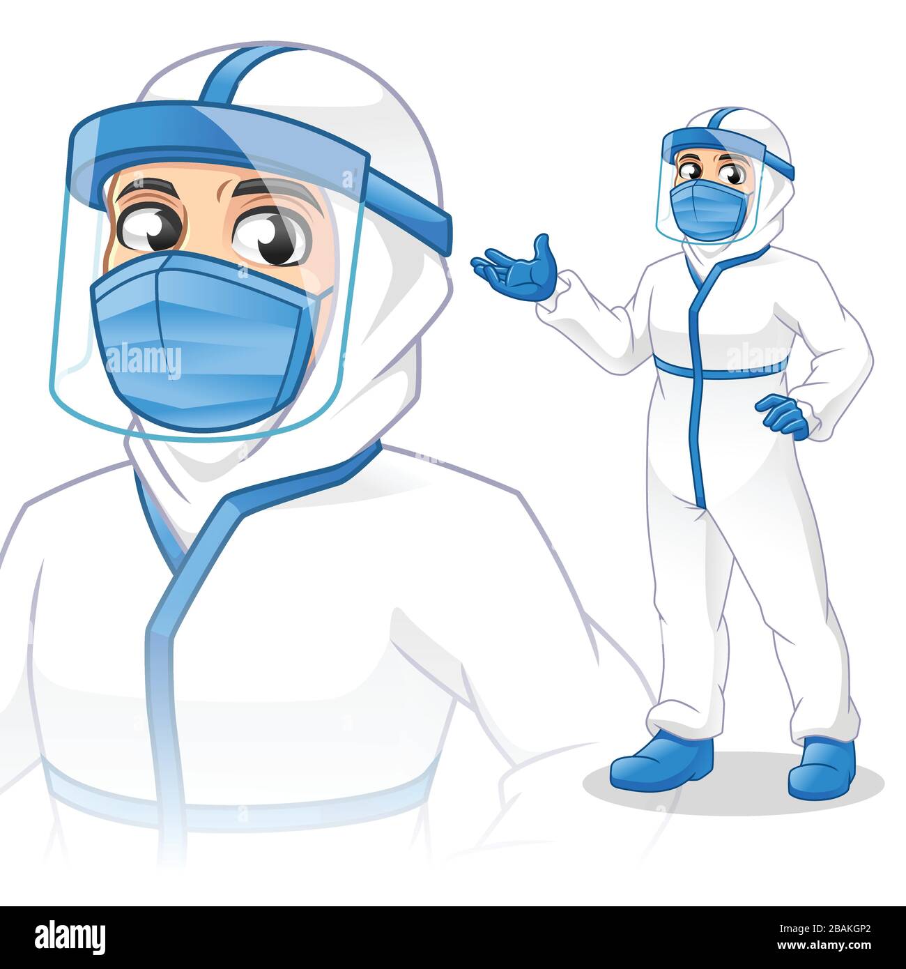 Il personale medico con i dispositivi di protezione personali (PPE) presenta qualcosa, la gente al lavoro, il medico, l'illustrazione del vettore del cartoon Mascot, in Whit isolato Illustrazione Vettoriale