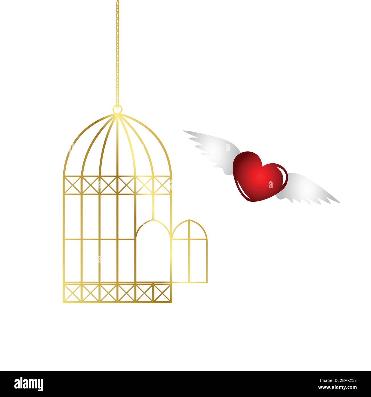 Il cuore rosso sta volando fuori dall'illustrazione vettoriale della gabbia d'oro EPS10 Illustrazione Vettoriale