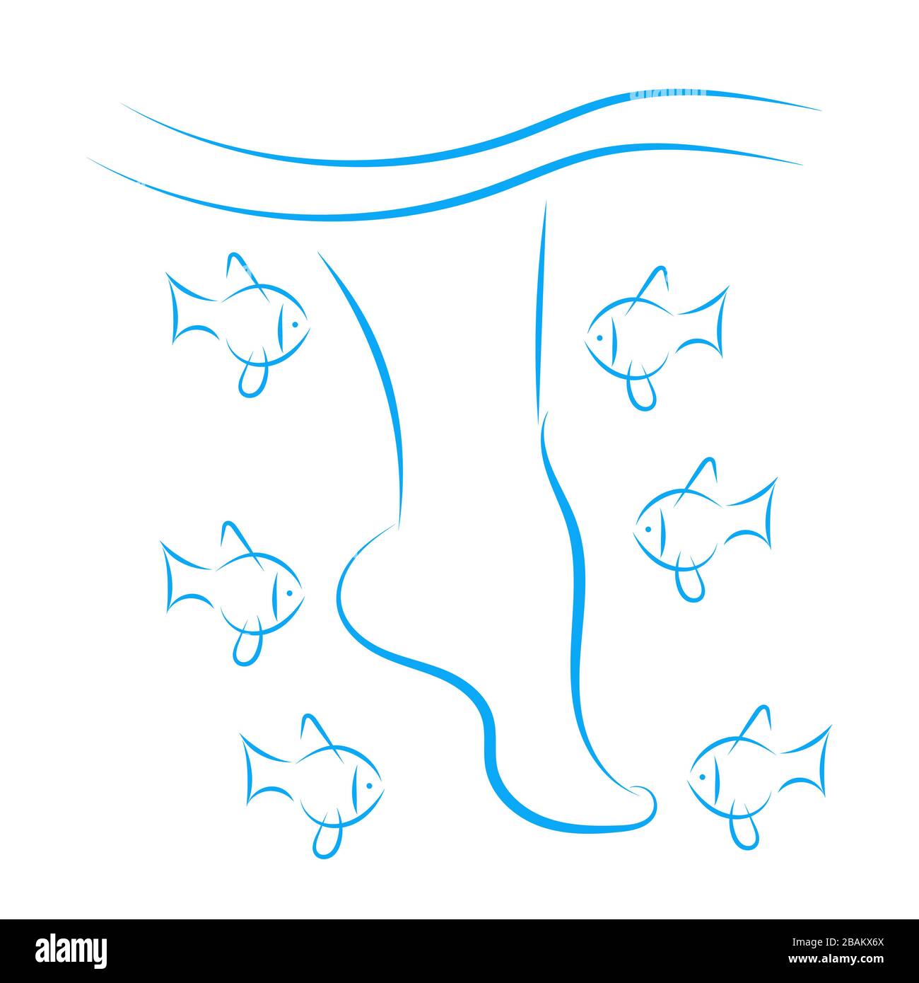 Pesce spa pedicure benessere trattamento di cura della pelle. Piedi blu femmina in acqua con molti pesci. Trattamento dei piedi di pesce e concetto di pedicure. Donna gambe Illustrazione Vettoriale