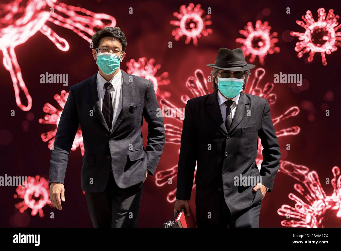 Uomo d'affari che indossa la maschera della bocca contro il virus corona. Il focolaio di coronavirus è un focolaio in corso di malattia di coronavirus del 2019 (COVID-19) ha s Foto Stock