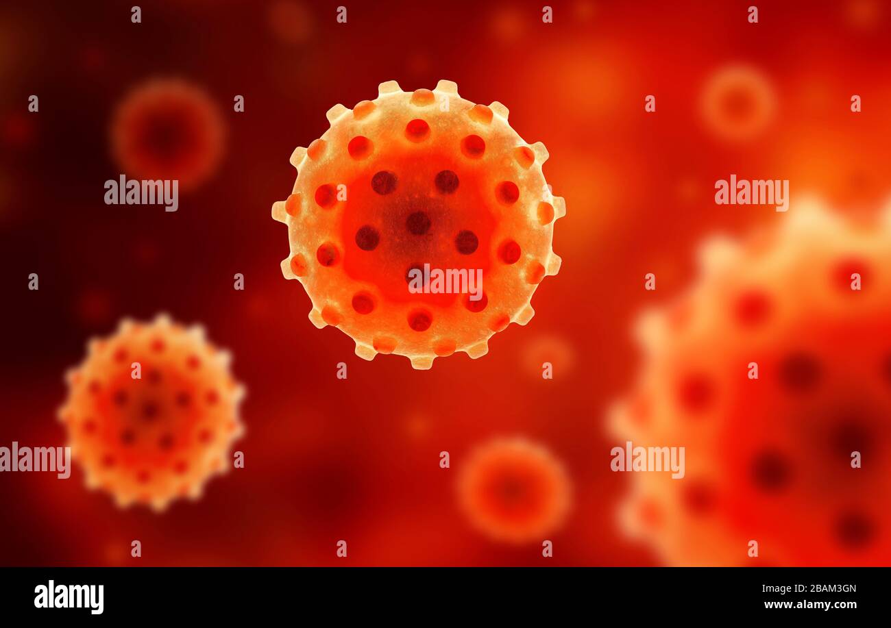 Fondo di coronavirus COVID-19, vista microscopica del virus corona SARS-COV-2 nel sangue, illustrazione 3d. Ricerca di epidemie di coronavirus e pandemia. Foto Stock