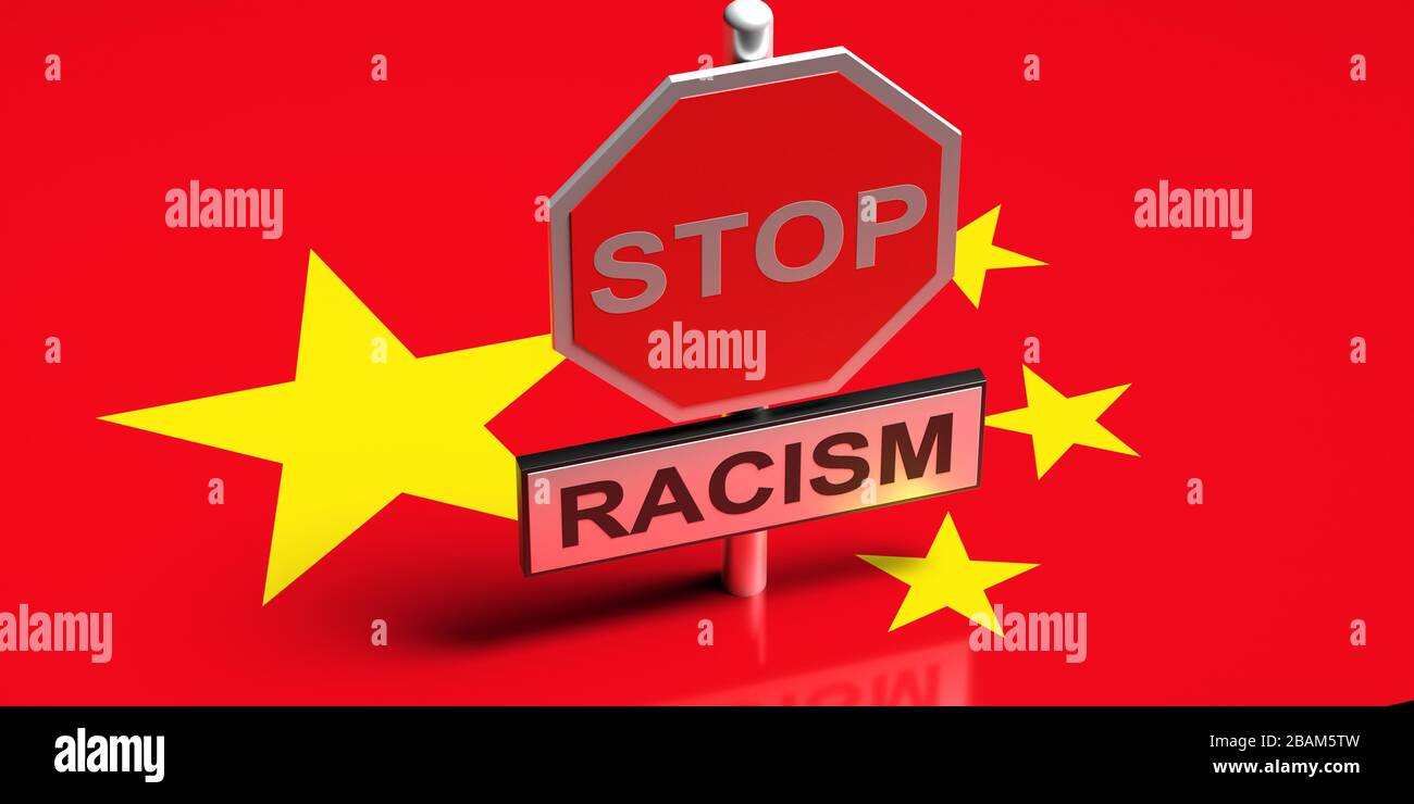 Fermare il razzismo per la Cina, il concetto di sinofobia. Stop razzismo segno e testo sullo sfondo della bandiera cinese. No al razzismo per il messaggio cinese. illustrazione 3d Foto Stock