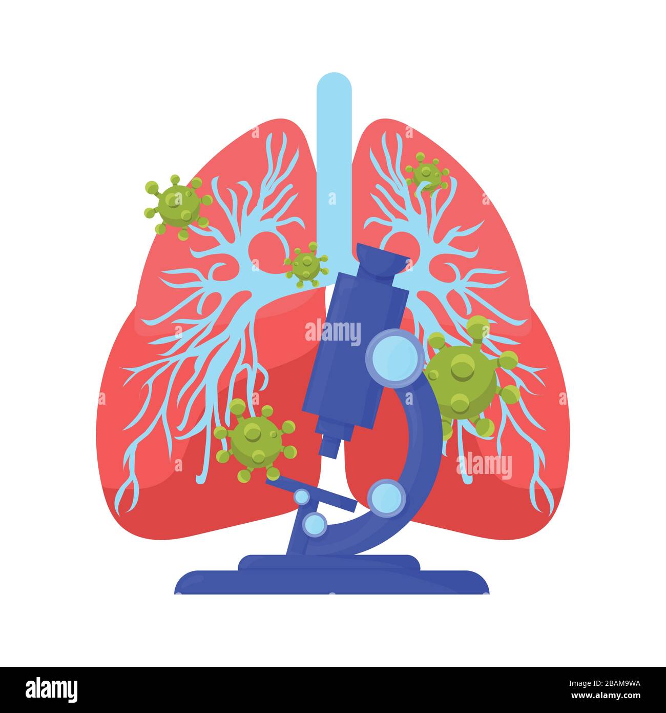Illustrazione vettoriale del concetto di analisi del coronavirus. Icona di coronavirus covid-19 per il modello di presentazione del sondaggio del rapporto di revisione. Polmoni con polmonite coronavirus. Illustrazione Vettoriale