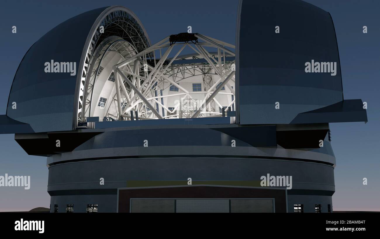 Italiano: Questo disegno di concetto architettonico del telescopio europeo  estremamente grande (e-ELT) progettato da ESO mostra il telescopio ottico  progettato più grande del mondo che guarda in alto. Previsto per l'avvio  delle