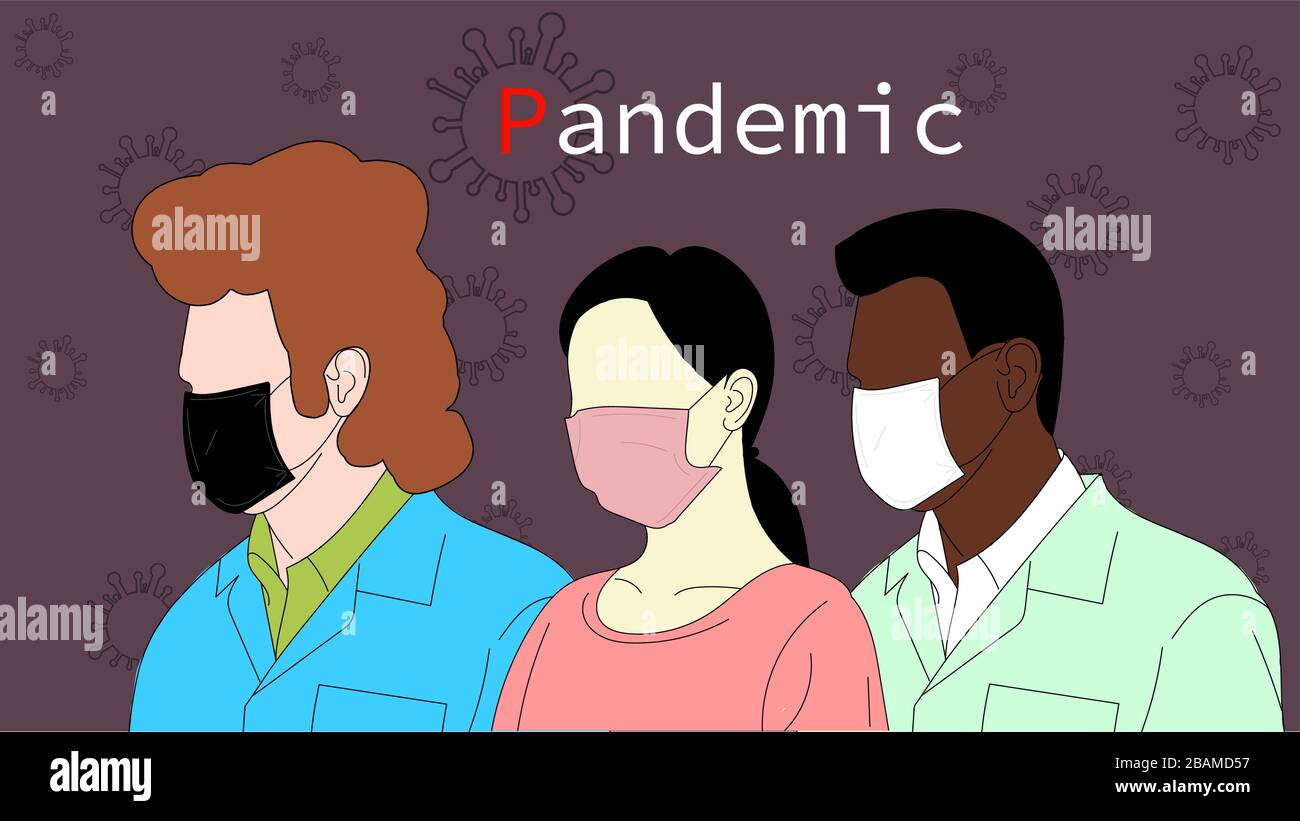 La pandemia è multinazionale. Persone di diverse nazionalità in maschere. Illustrazione Vettoriale