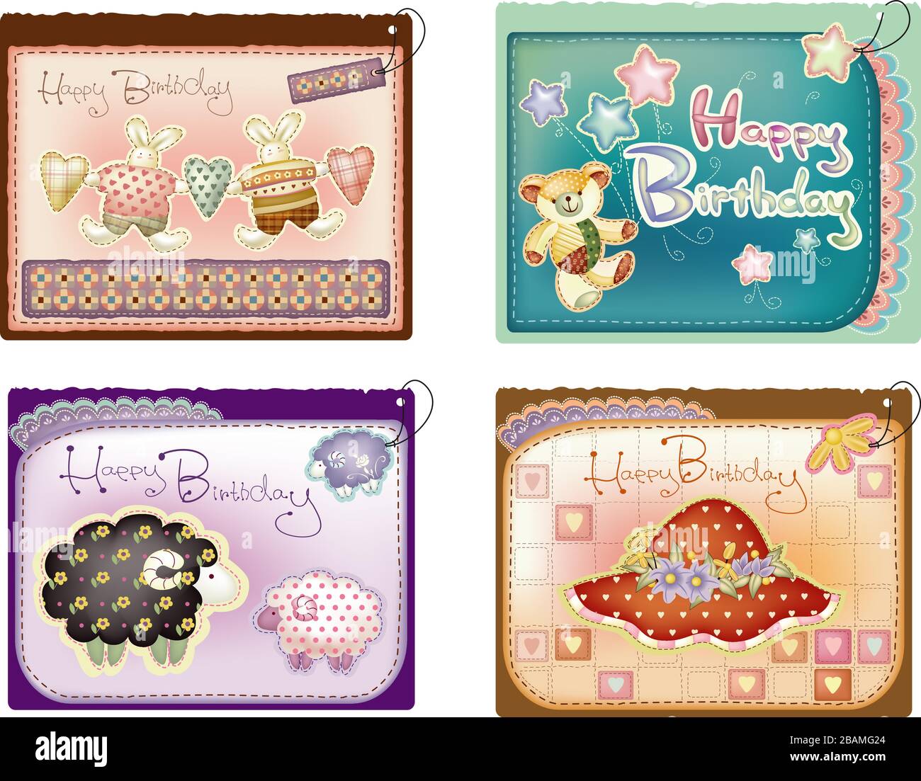 Set di Happy Birthday card con molte forme personaggi, design creativo - vettore Illustrazione Vettoriale