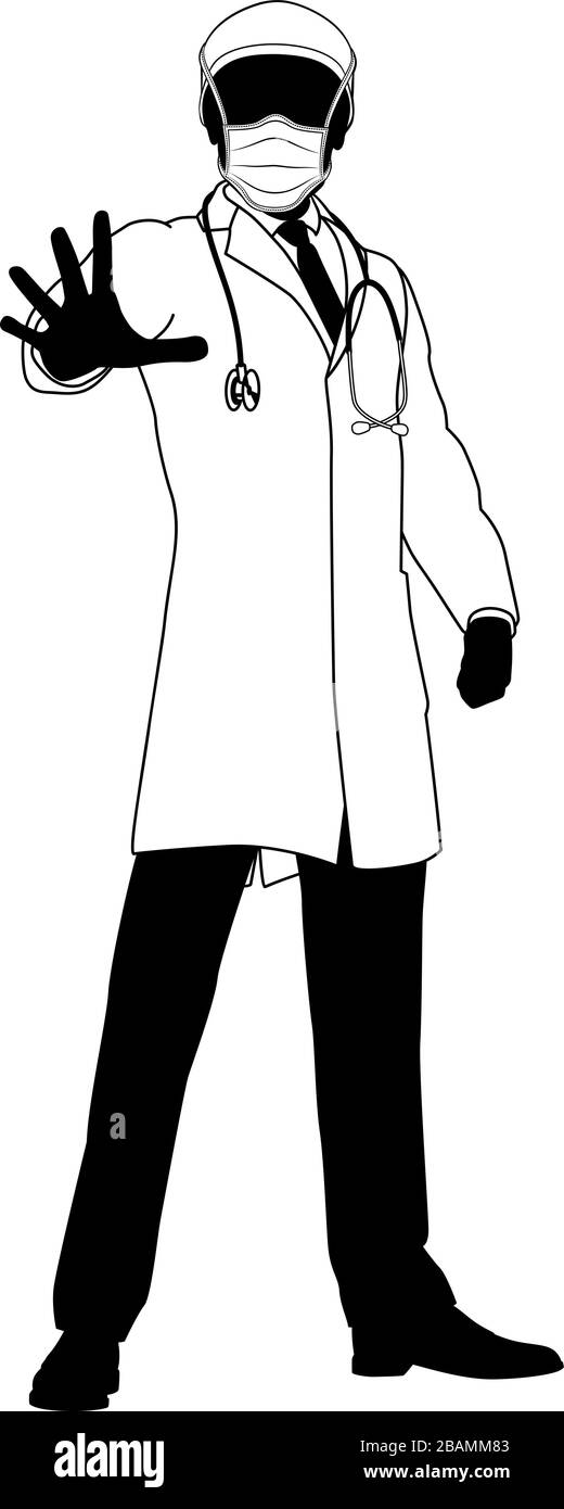 Dottore in maschera PPE Stop Hand Sign concetto medico Illustrazione Vettoriale