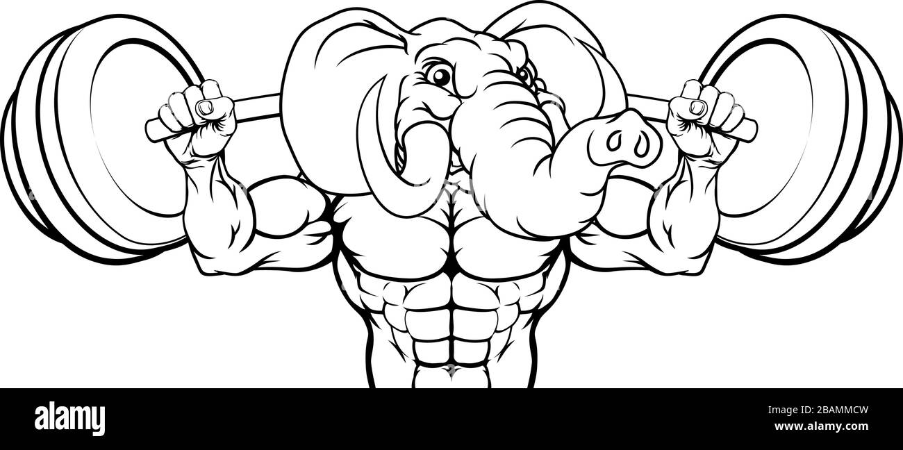 La mascotte di elefante sollevamento pesi body builder Illustrazione Vettoriale