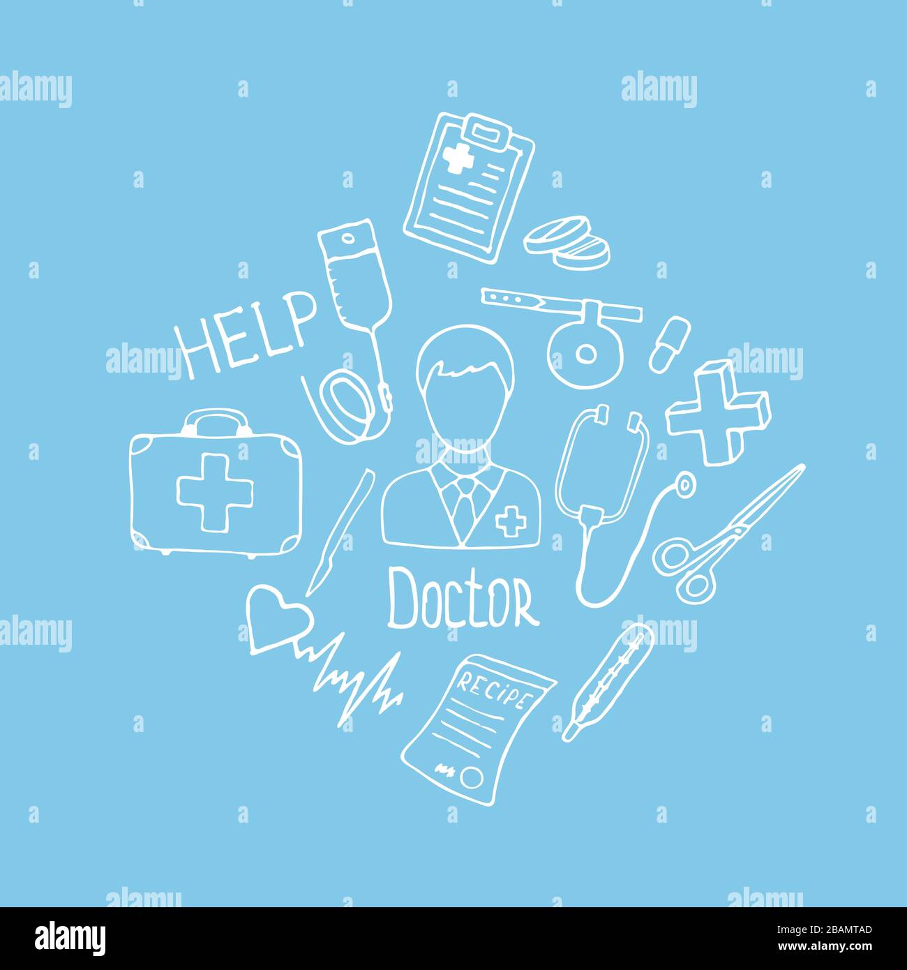 Set di icone per la medicina Doodle per il tuo design. Collezione di icone di cartoni animati, farmacia, cura medica disegnata a mano. Simboli medici. Illustrazioni vettoriali. Illustrazione Vettoriale