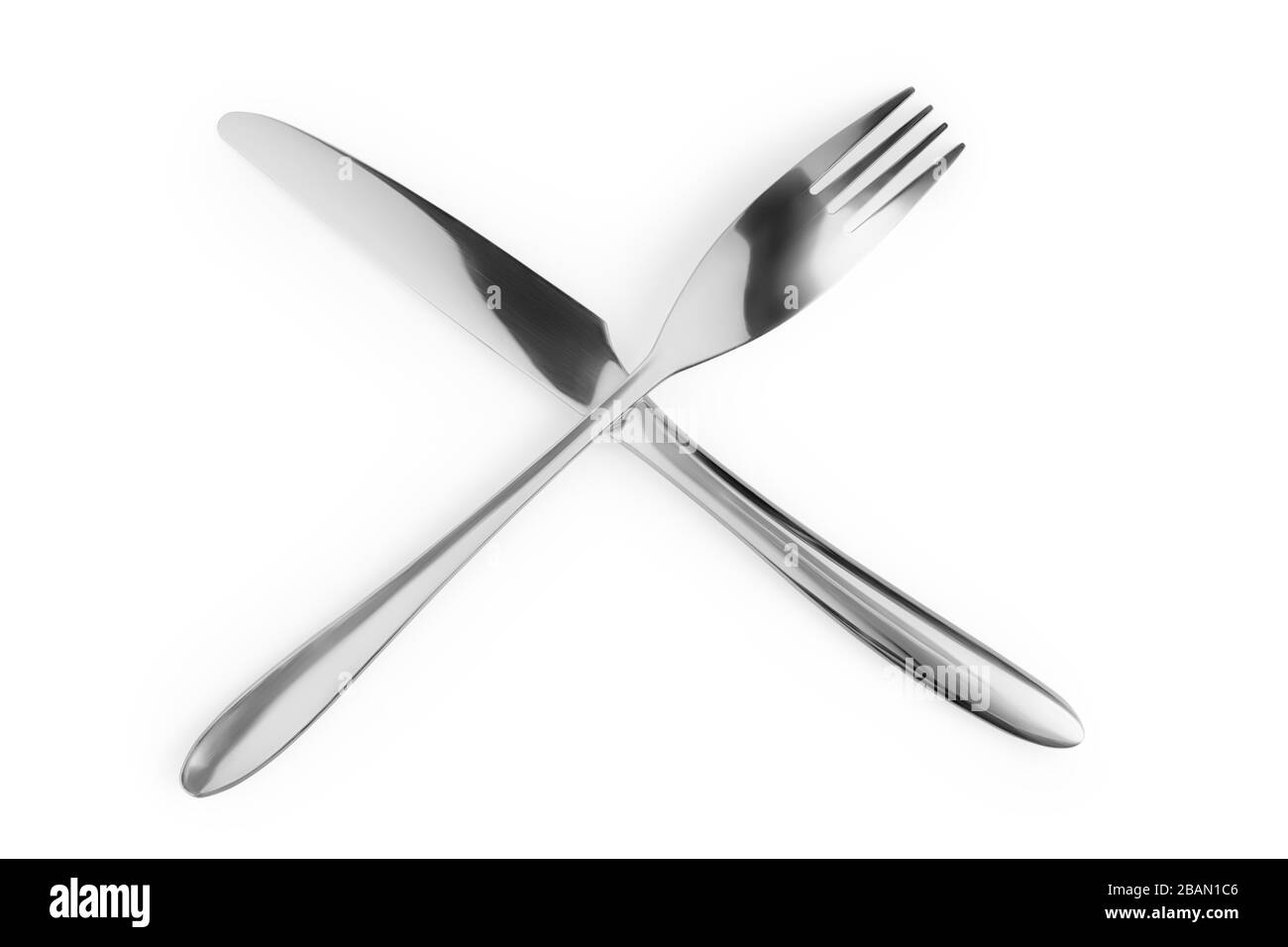 Vista dall'alto della forcella e del coltello incrociati. Isolato su bianco, tracciato di ritaglio incluso Foto Stock
