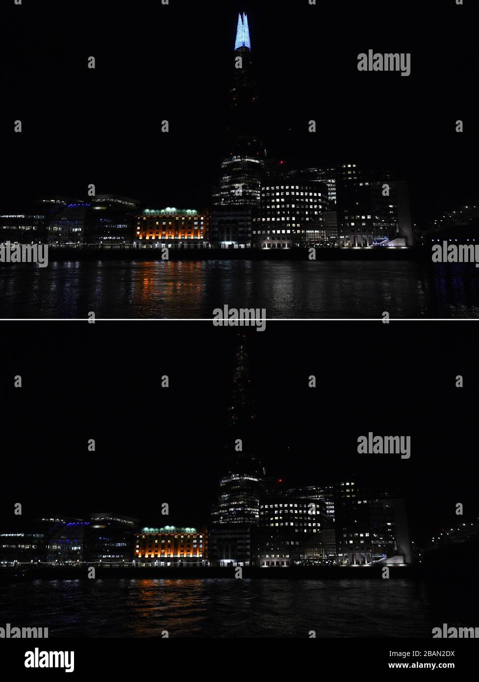 Immagine composita dello Shard di Londra, prima e durante l'ora della Terra. Edifici e strutture famosi sono scuri tra le ore 20.30 e le 21.30, come parte dell'evento internazionale organizzato dal WWF per sollecitare l'azione a salvare il pianeta. Foto Stock