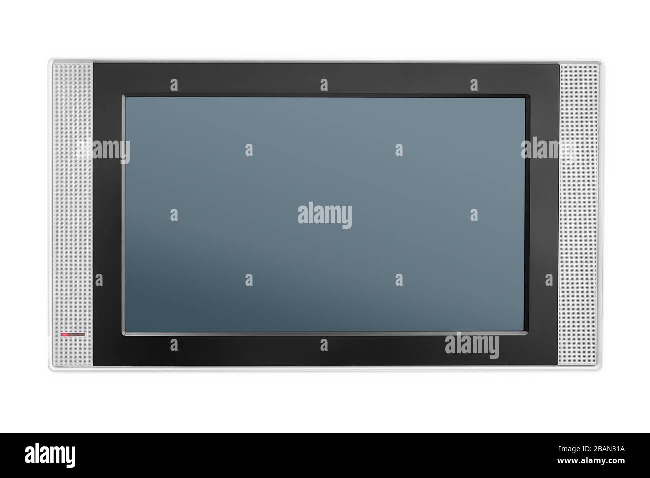 Moderno schermo tv con altoparlanti audio. Isolato su bianco, tracciato di ritaglio incluso. Vista frontale Foto Stock