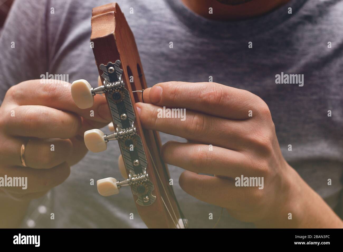 Primo piano sul processo di cambio stringa sul collo della chitarra acustica Foto Stock