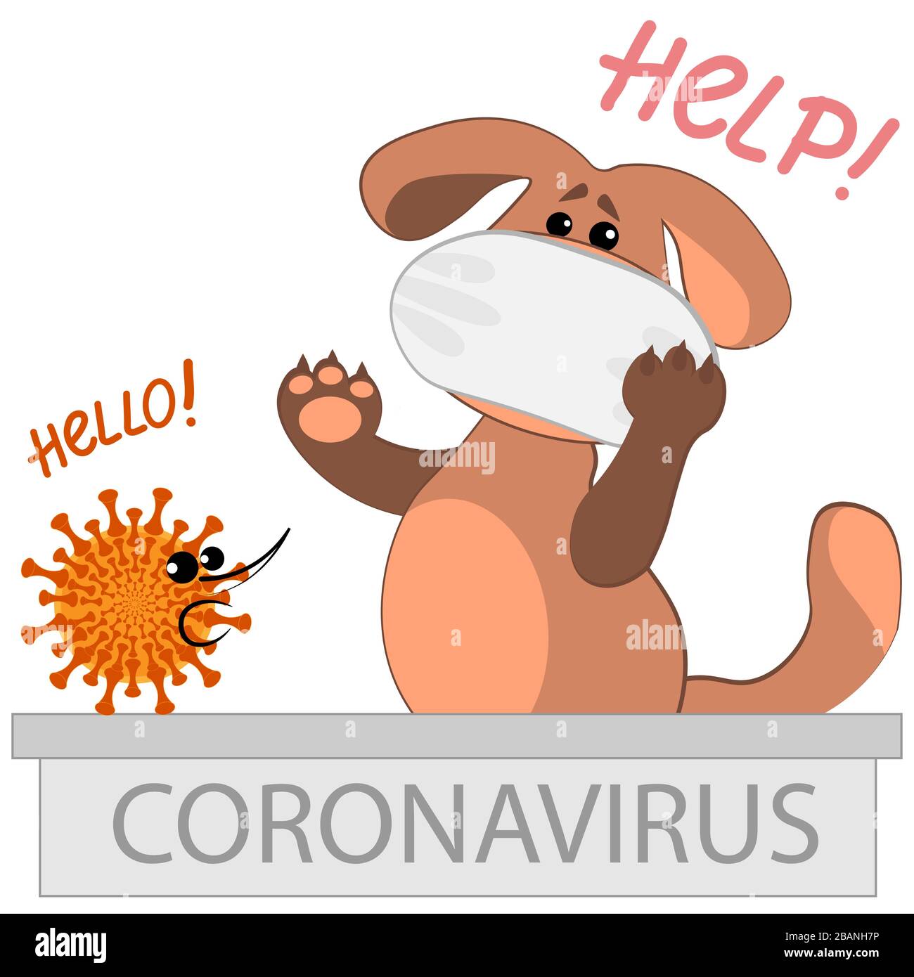 Illustrazione vettoriale su sfondo quadrato - un cane in una maschera medica e un coronavirus molto terribile. Incontro improvviso. Guida. Come fuggire da una pandemia. Un'epidemia globale. Illustrazione Vettoriale