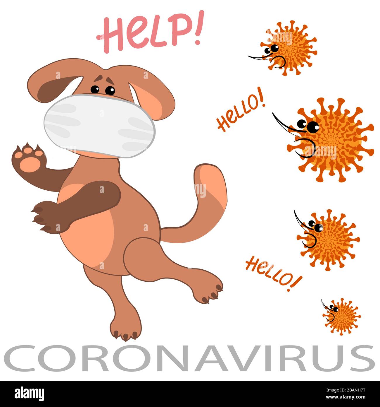 Illustrazione vettoriale su sfondo quadrato - un cane in una maschera medica e un coronavirus molto terribile. Incontro improvviso. Guida. Come fuggire da una pandemia. Un'epidemia globale. Illustrazione Vettoriale