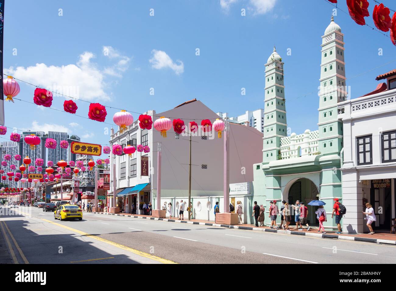Decorazioni di Capodanno cinese, South Bridge Road, Chinatown, zona centrale, Singapore Island (Pulau Ujong), Singapore Foto Stock