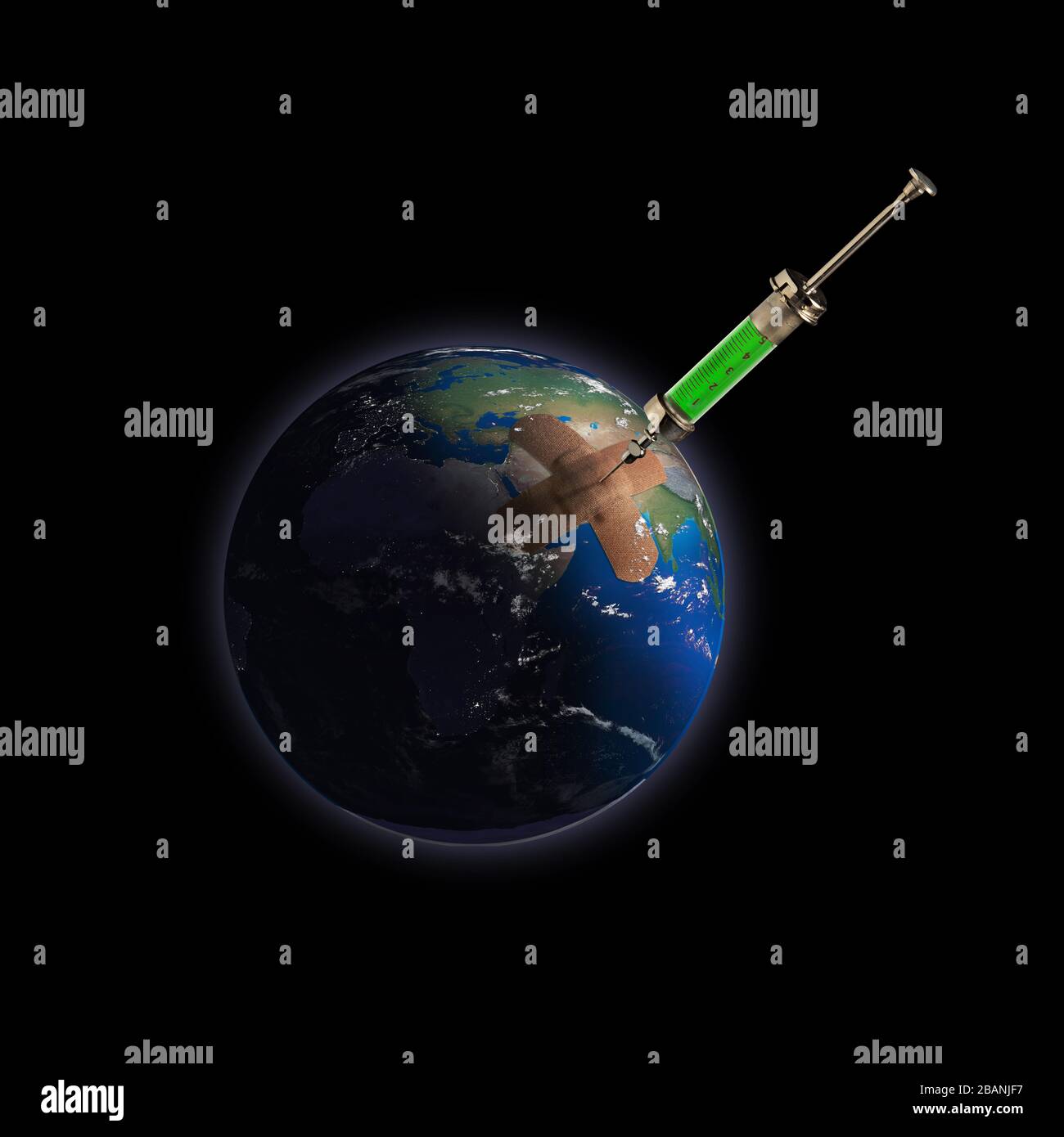 Terra vista dallo spazio con intonaco e syring medico Foto Stock