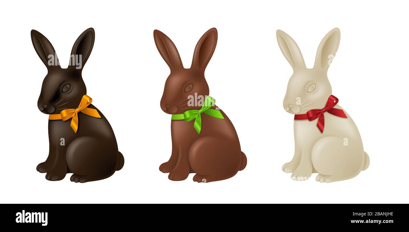 set di conigli di cioccolato colorati. coniglietti di pasqua con archi colorati Illustrazione Vettoriale