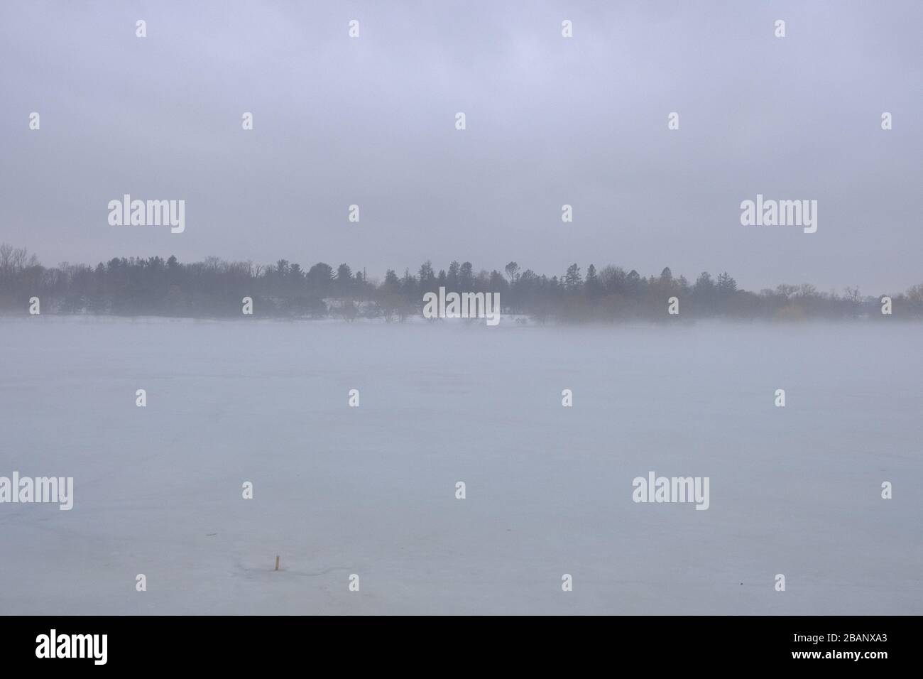 Le temperature calde della molla generano una nebbia spessa su un lago ghiacciato del Dow. Ottawa, Ontario, Canada. Foto Stock