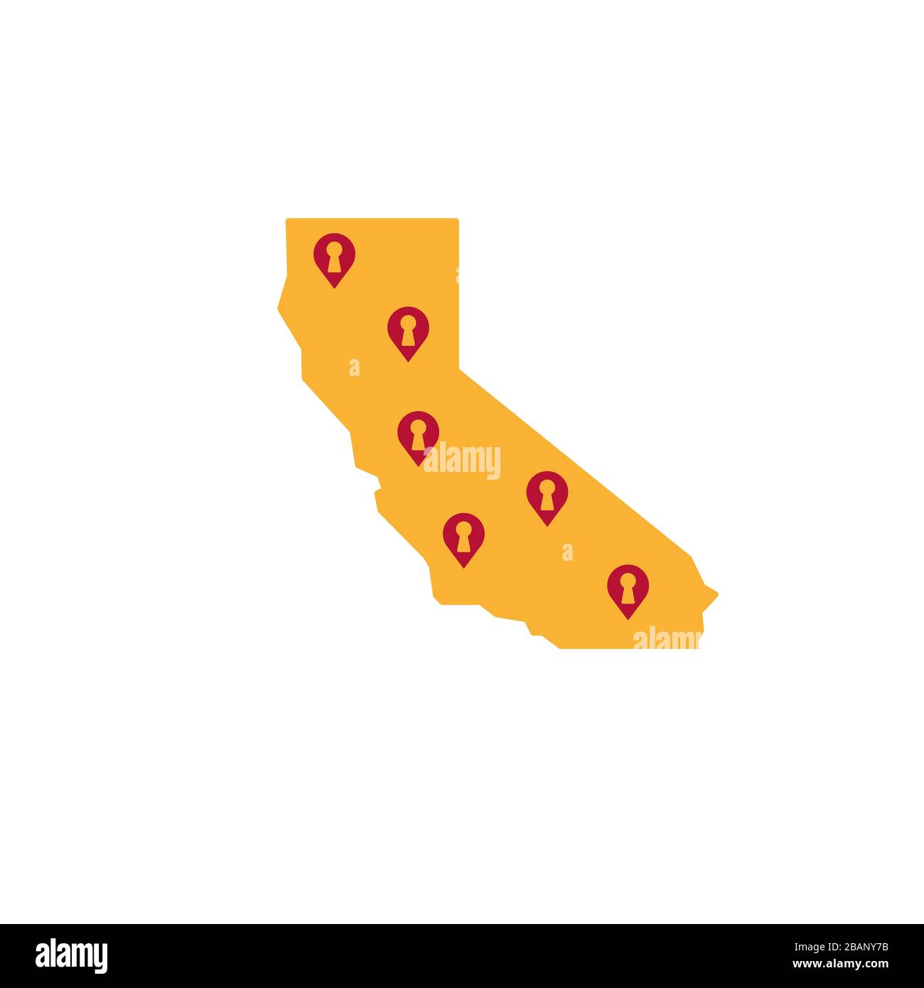 Icona immobiliare in California. Mappa dello stato d'oro e marcatori di mappa con keyholes. Idea marcante a caldo, emblema di biglietto da visita. Foto Stock
