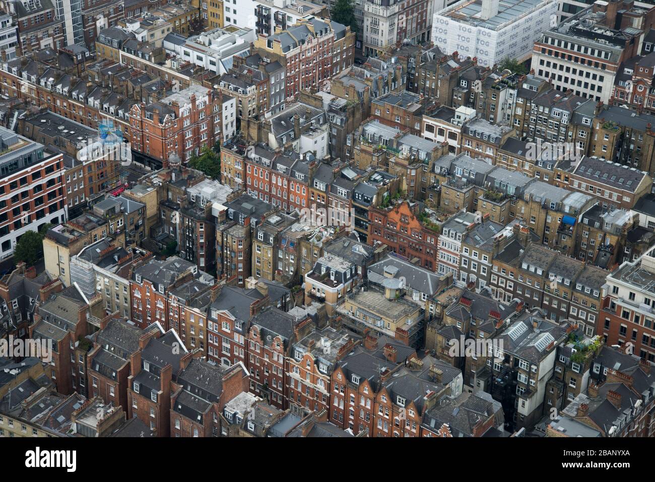 Veduta aerea delle Case Georgiane Vittoriane in Fitzrovia Great Titchfield Street Hanson Street dalla BT Tower, 60 Cleveland St, Fitzrovia, Londra Foto Stock