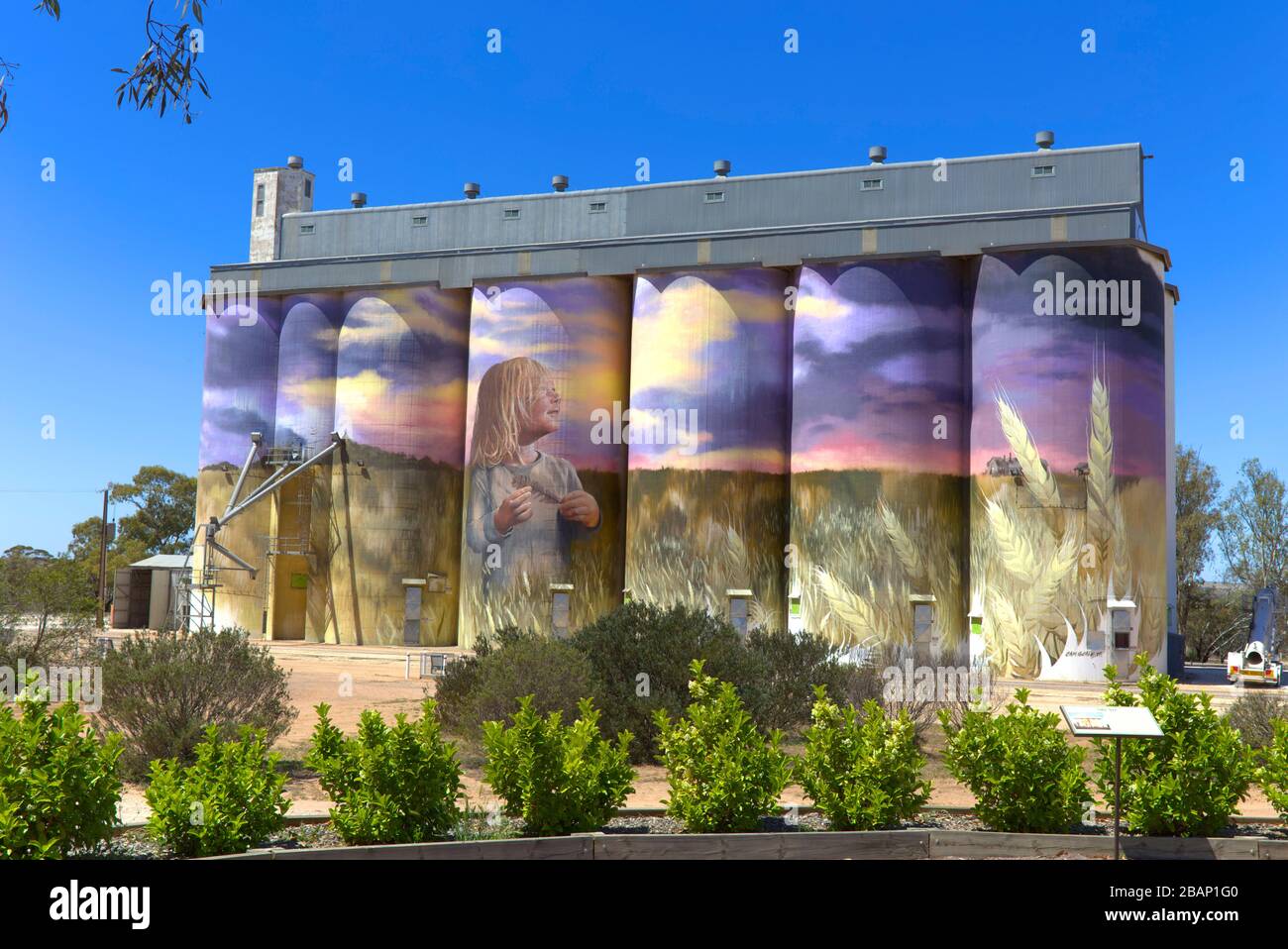 Parte del treno d'arte del silo - silos di grano dipinto a Kimba Eyre Peninsula South Australia Foto Stock