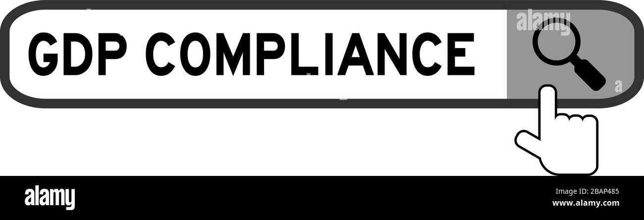 Casella di ricerca con parola GDP (abbreviazione buona pratica di distribuzione) conformità e mano icona sopra lente di ingrandimento su sfondo bianco Illustrazione Vettoriale