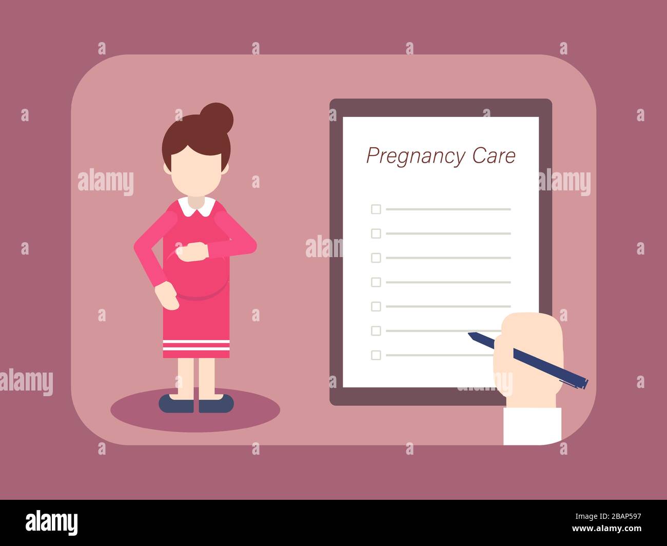 Cura della gravidanza per donna incinta con mano su bianco checklist illustrazione vettoriale Illustrazione Vettoriale