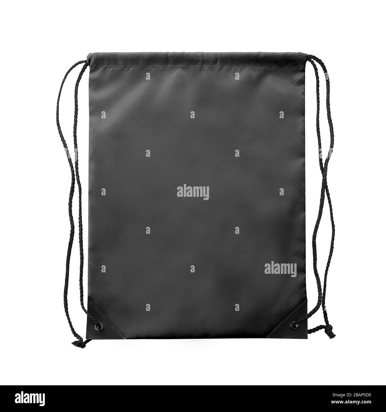 Borsa con cordoncino nero con cordoncino su entrambi i lati. Materiale poliestere. Per il mock-up, la pubblicità e l'e-commerce. Monolocale isolato su sfondo bianco Foto Stock