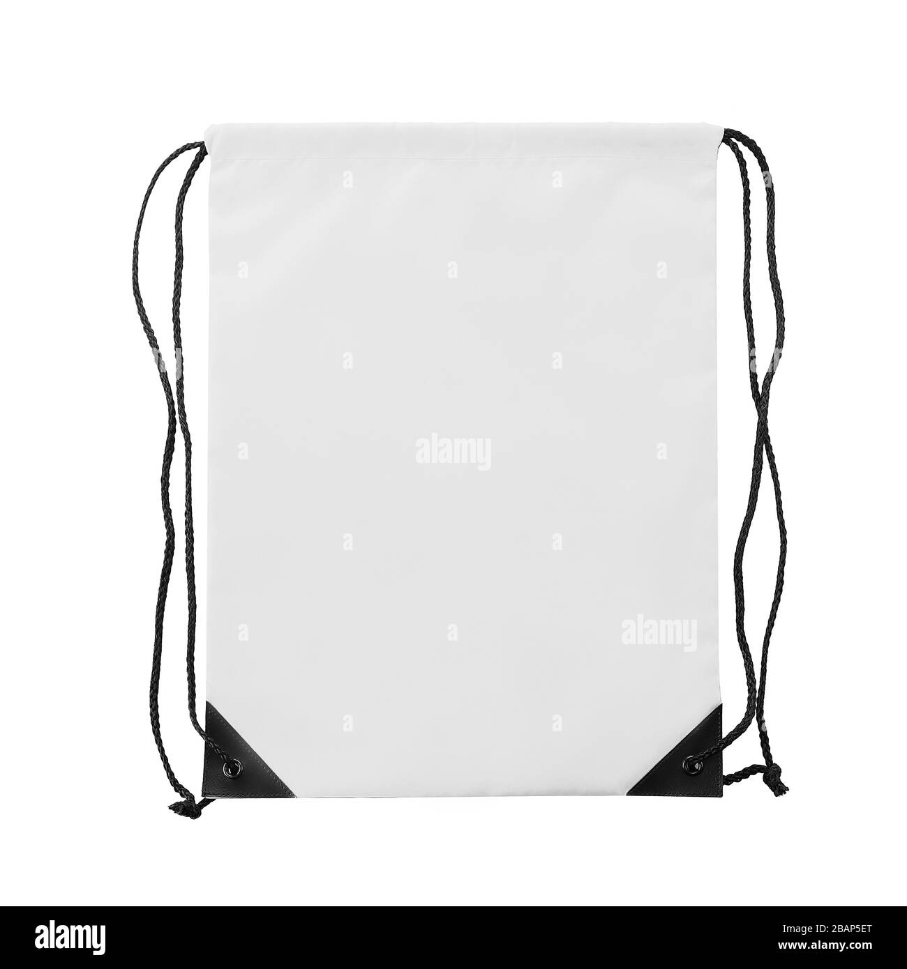 Borsa con coulisse bianca con cordoncino su entrambi i lati. Materiale poliestere. Per il mock-up, la pubblicità e l'e-commerce. Monolocale isolato su sfondo bianco Foto Stock