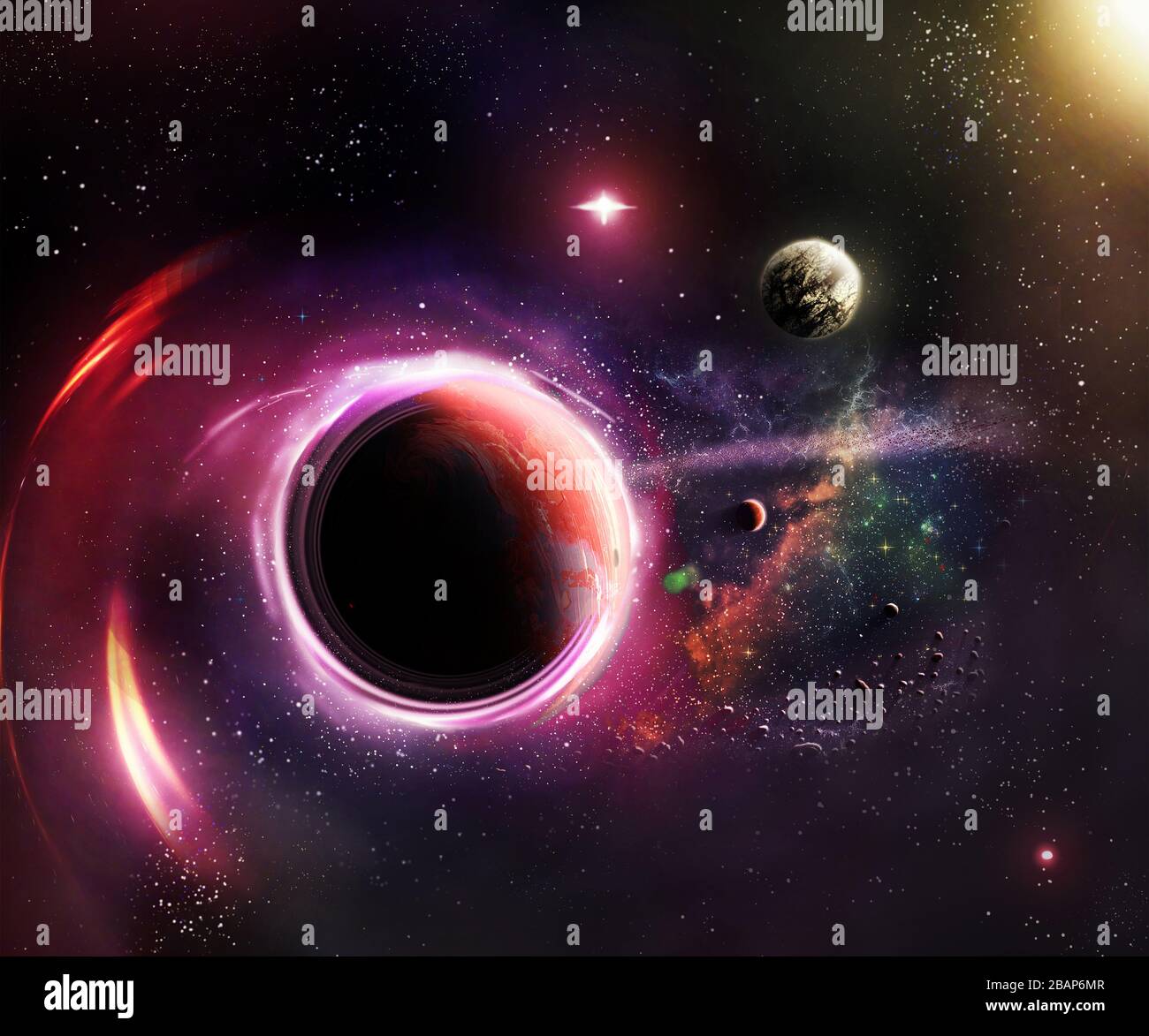 3d illustrazione di un pianeta di curvatura nel continuum di tempo di spazio che genera un wormhole intorno esso Foto Stock