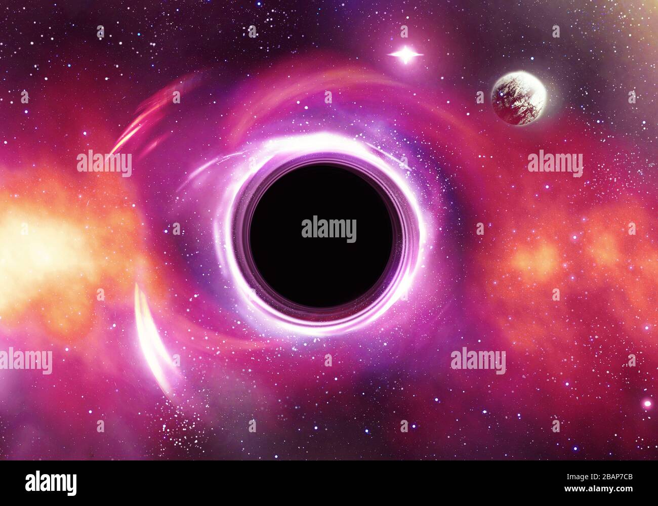 Illustrazione artistica 3d di un orizzonte a spirale con foro nero in uno spazio nebulosa colorato Foto Stock