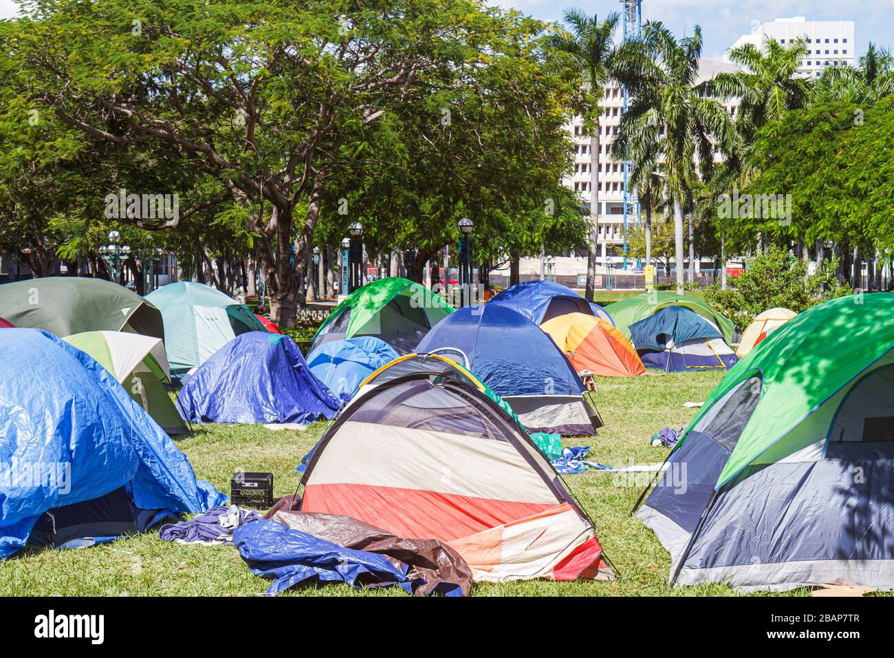 Miami Florida,Stephen P. Clark Government Center,centro,centro,occupare Miami,anti Wall Street movement,tende,campeggio,manifestanti,visitatori viaggio t Foto Stock