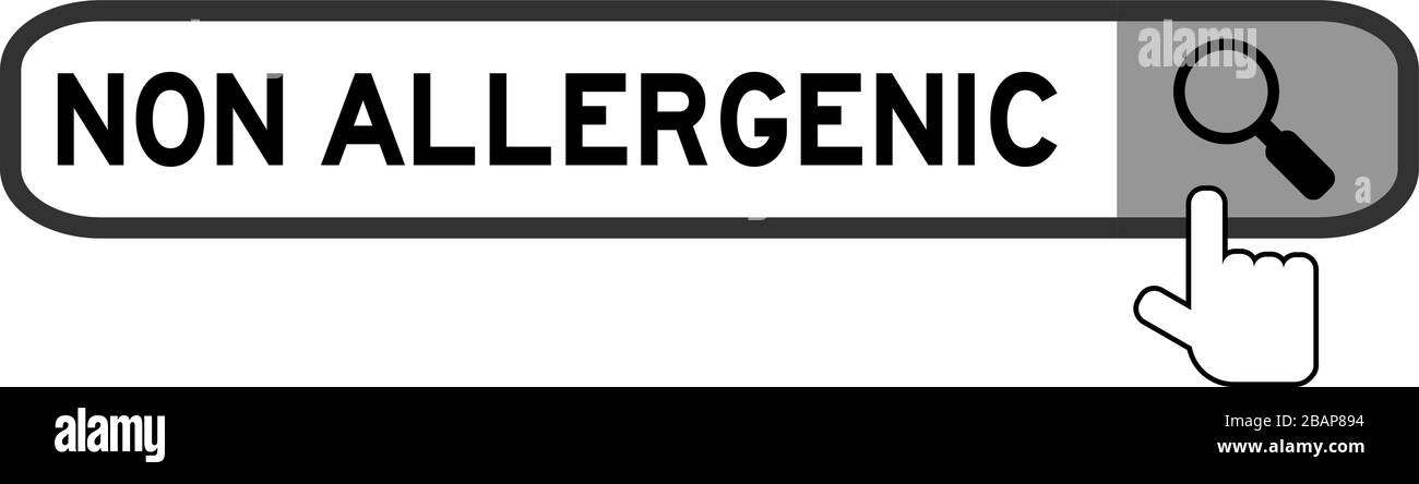 Casella di ricerca con la parola non allergenica e l'icona della mano sulla lente di ingrandimento su sfondo bianco Illustrazione Vettoriale