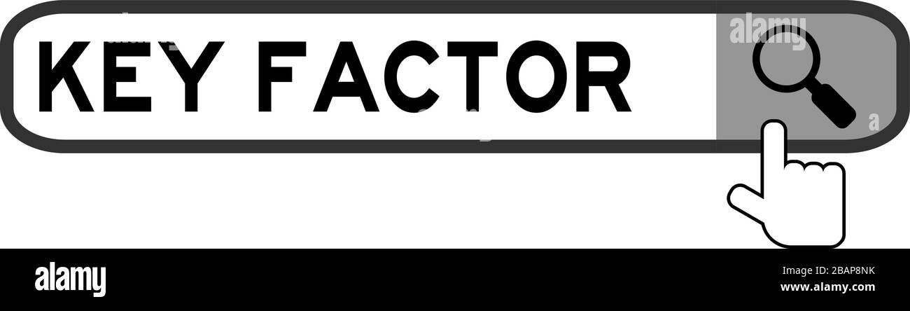 Casella di ricerca con il fattore chiave per parola e l'icona della mano sulla lente di ingrandimento su sfondo bianco Illustrazione Vettoriale