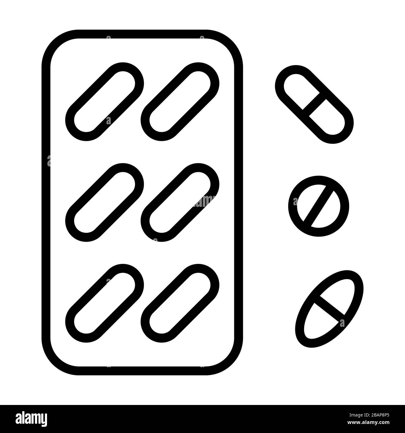 pillole o farmaci medicina icona vaccino con moderna linea piatta icona stile vettore Foto Stock