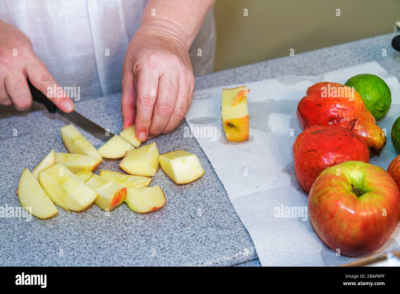 Miami Beach Florida,cucina,fare frutta compote,mele,pere,lime,mirtilli,adulti donna donna donna donna donna donna donna donna donna,donna,mano,mani,coltello,c Foto Stock