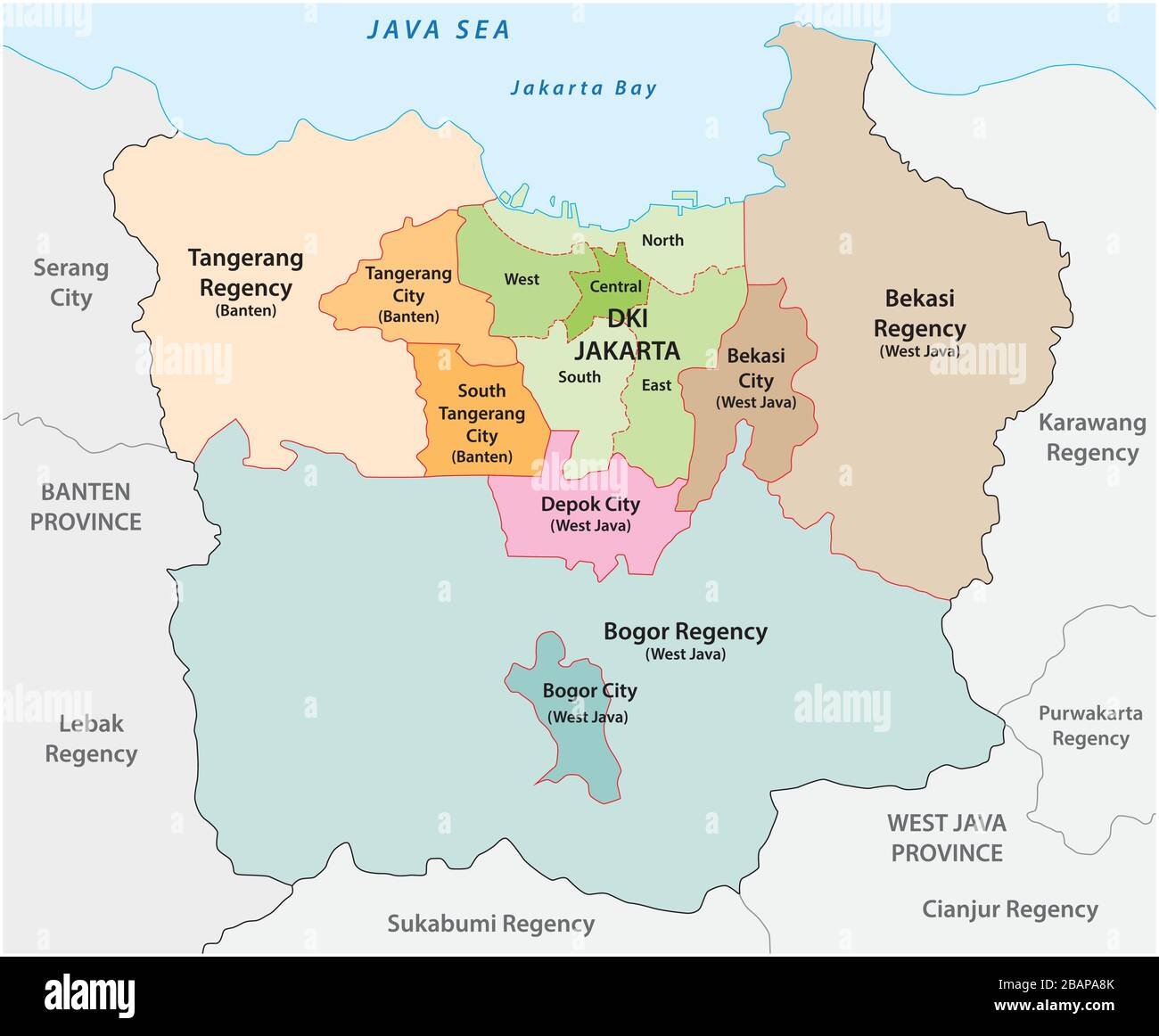 Mappa vettoriale amministrativa dell'area metropolitana di Giacarta, l'area metropolitana più popolosa dell'Indonesia Illustrazione Vettoriale