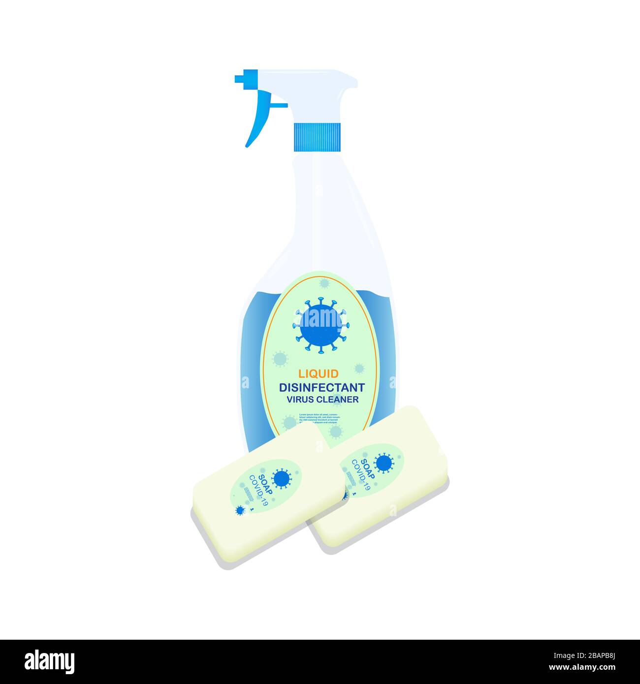 disinfettante liquido spruzzatore manuale e detergente per virus del sapone. disinfettante per le mani flacone e disinfettante spray e disinfettante per salviette umide Illustrazione Vettoriale