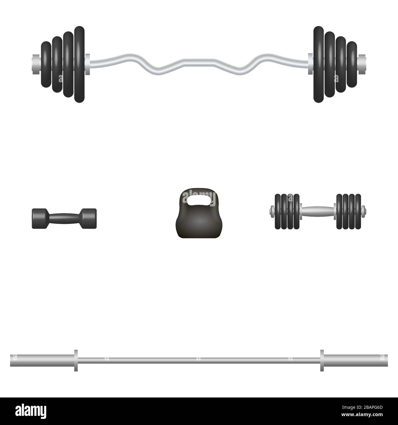 Set di 3D Sport gli elementi di apparecchiature. Elementi di progettazione per la palestra e la sala fitness. Vista frontale, illustrazione vettoriale. Illustrazione Vettoriale
