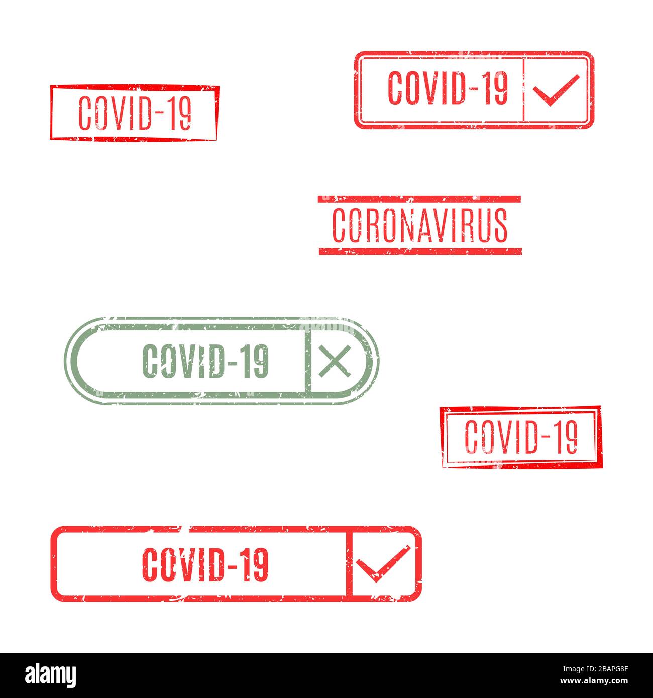 Set di timbri per coronavirus rettangolari isolati su sfondo bianco, illustrazione vettoriale. Illustrazione Vettoriale