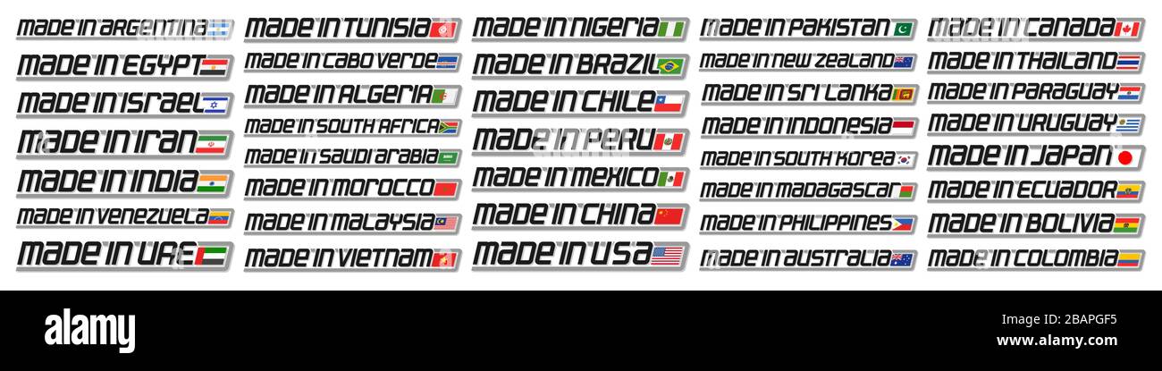 Set vettoriale di bandiere dei paesi americani e asiatici, 38 titoli decorativi isolati con bandiere di stato nazionali e lettere originali per parole diverse pazzo Illustrazione Vettoriale