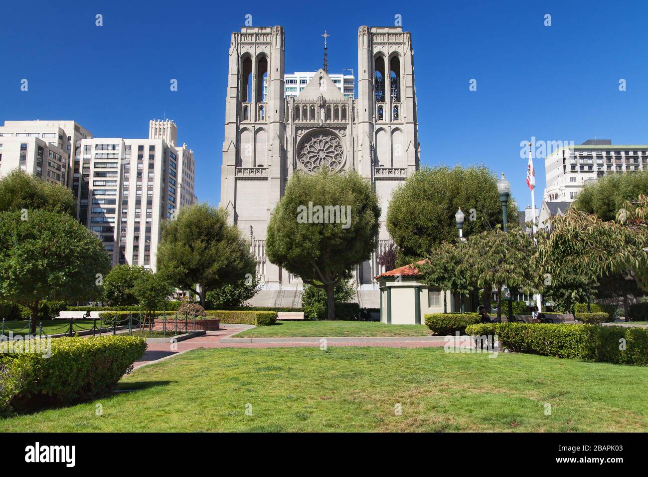 Huntington Park e Grace Cathedral, San Francisco, California, Stati Uniti. Foto Stock