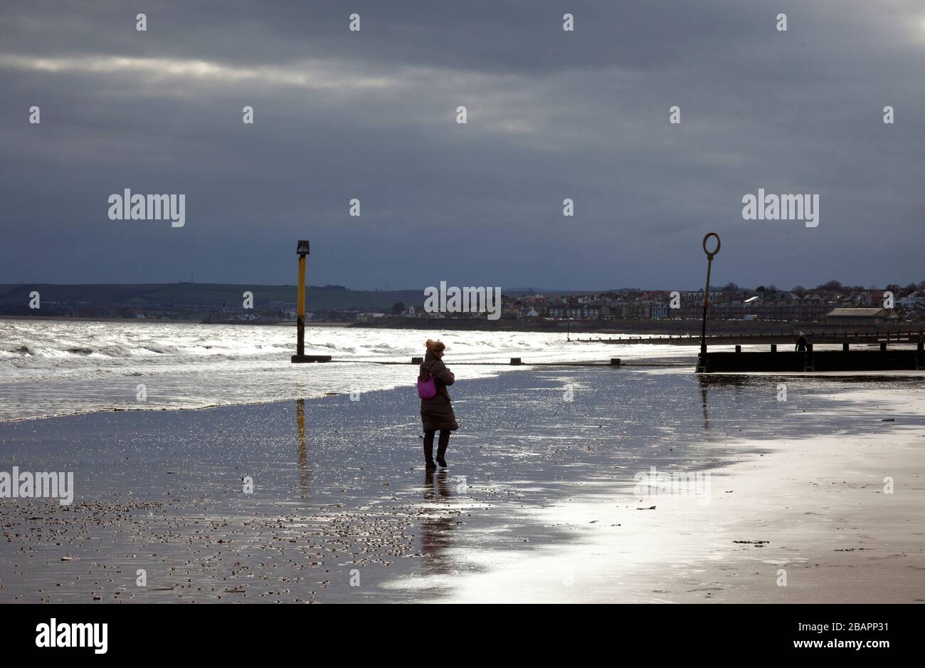 Portobello, Edimburgo, Scozia, Regno Unito. 29 marzo 2020. Questa donna solita cammina lungo la spiaggia dal Firth of Forth in questa mattina nuvolosa a 3 gradi centigradi con il raggio occasionale di sole che oscura attraverso le nuvole. Foto Stock