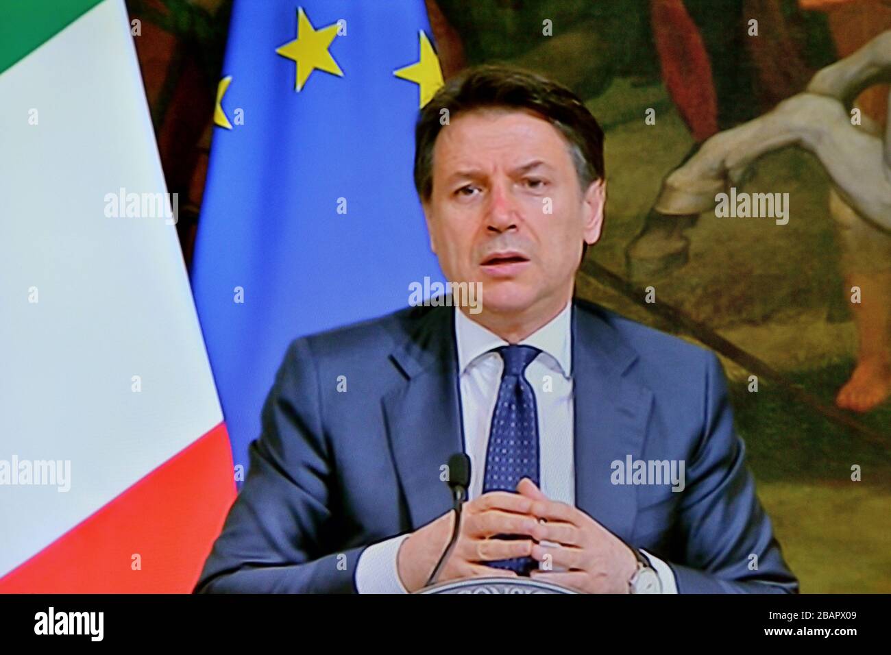 Conferenza stampa del primo Ministro Giuseppe Conte corona virus covid-19 il 24 marzo 2020 - Roma Italia Foto Stock