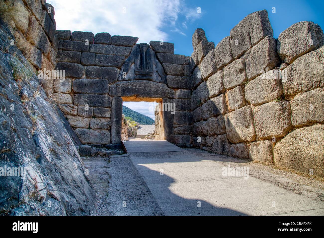 Porta del Leone, l'ingresso principale della cittadella di Micene. Sito archeologico di Micene nella Grecia Peloponneso Foto Stock