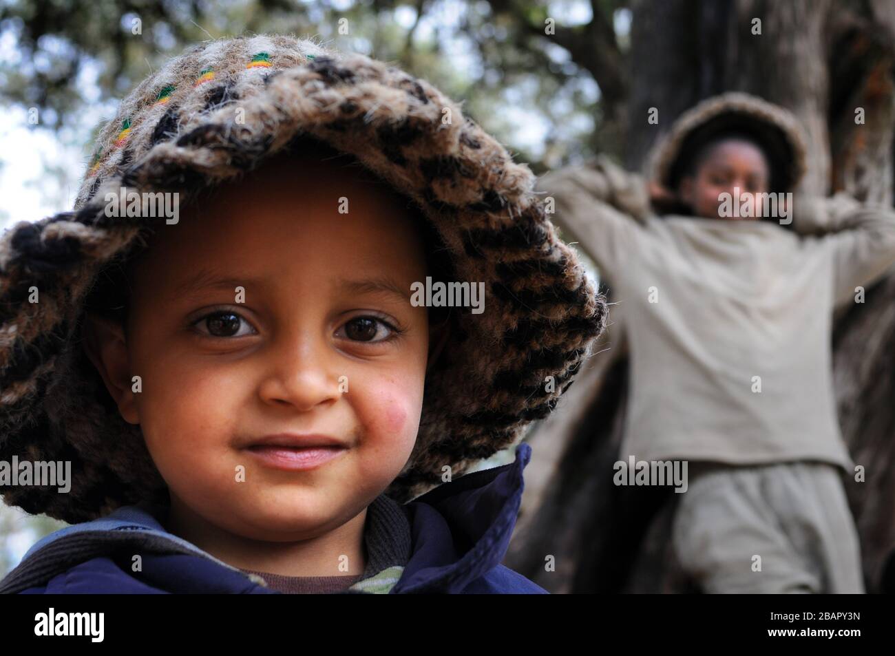 I bambini nella foresta di Eucalipto del Monte Entoto sopra Addis Abeba, Etiopia. Le foreste sacre dell'Etiopia del nord. Foto Stock