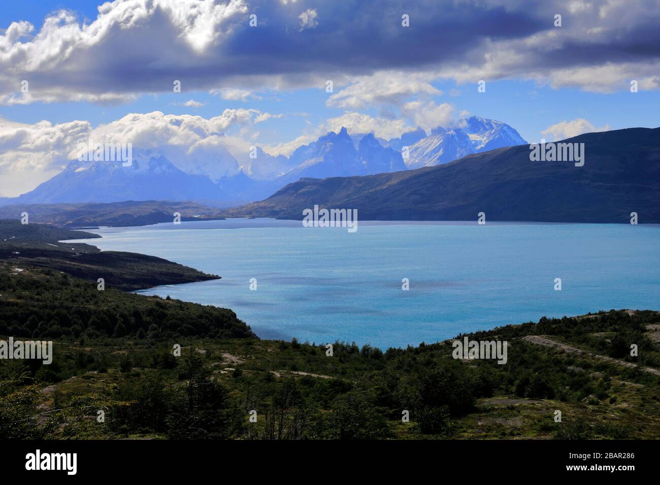 Vista estiva del Lago del Torro, Torres de Paine, regione Magallanes, Patagonia, Cile, Sud America Foto Stock